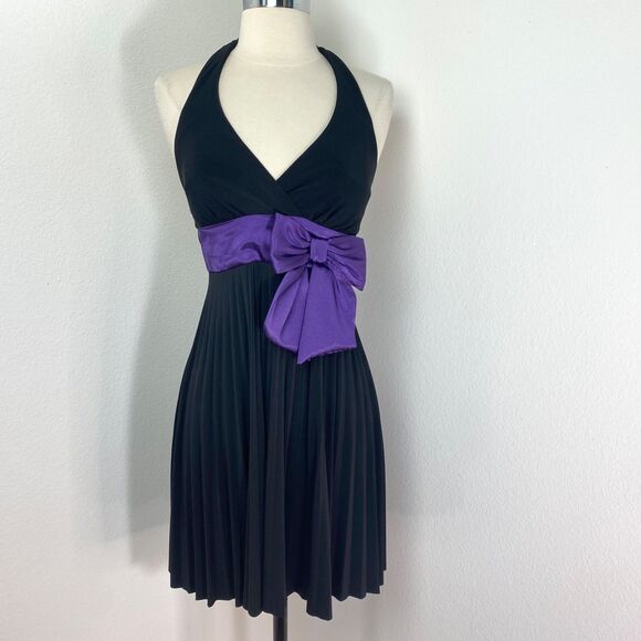 Vintage Y2K B Darlin Black Knit Cocktail Dress Size 1/2 Large Purple Bow Dance - Picture 1 of 9